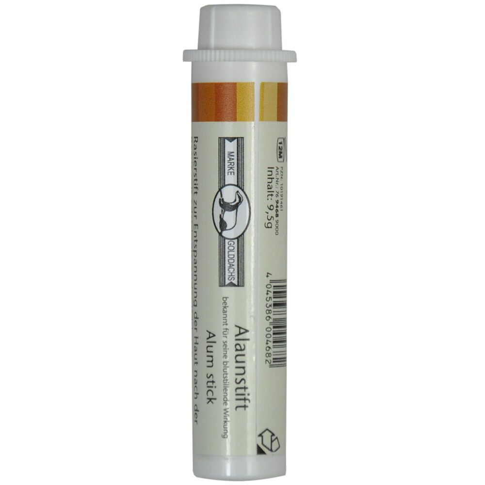 Bâton d'alun avec étui. Cylindrique, blanc-brun. Texte: Alaunstift, 9,5g. Marque: GOLDDACHS.