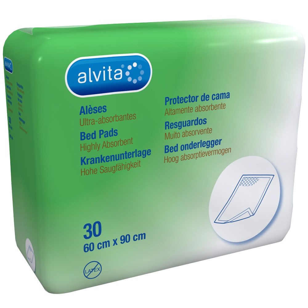 Emballage de alvita® alèses. Vert et blanc. 30 unités, 60 x 90 cm. Hautement absorbant. Logo et noms de produits visibles.