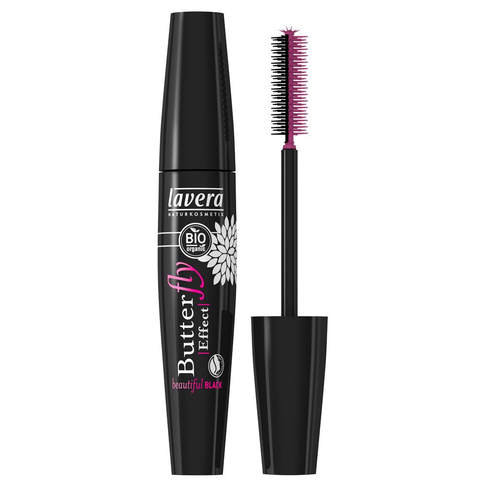 Tube de mascara noir avec brosse. Inscription : lavera, Butterfly Effect, label Bio.