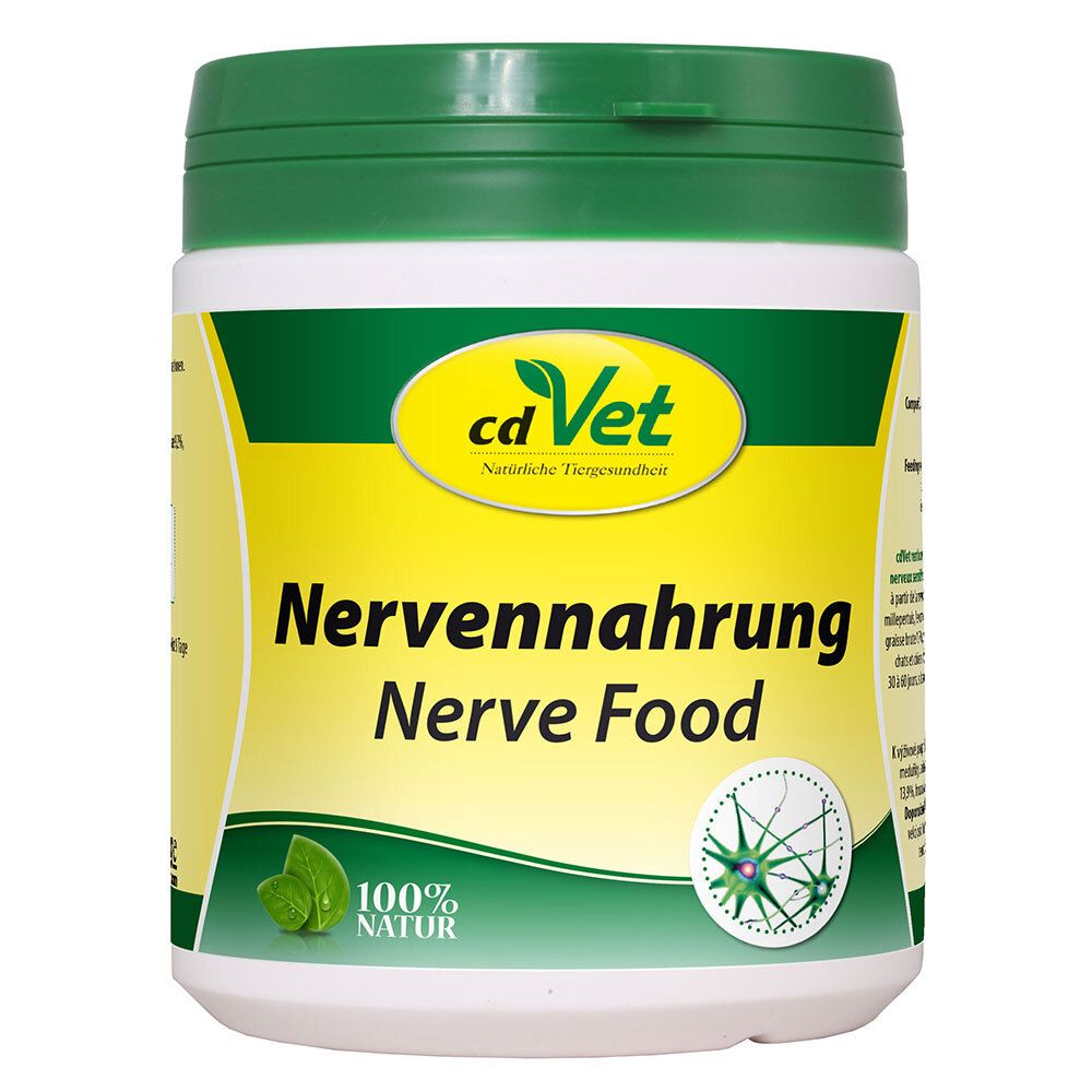 Produit blanc avec couvercle vert. Inscription: cd Vet Nervennahrung Nerve Food. Logo avec feuilles et cellules nerveuses.
