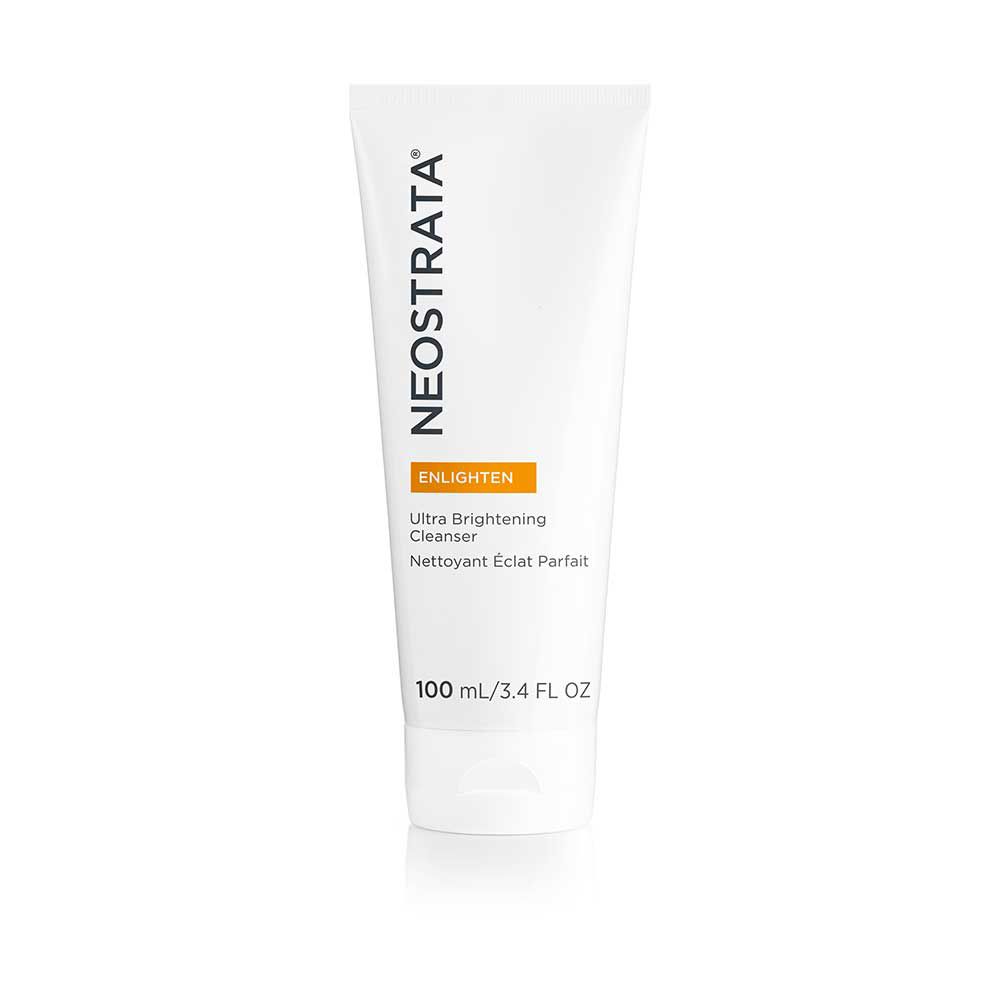 Tube blanc NeoStrata Enlighten Ultra Brightening Cleanser. Bande orange avec texte. Nom du produit et ingrédients visibles.