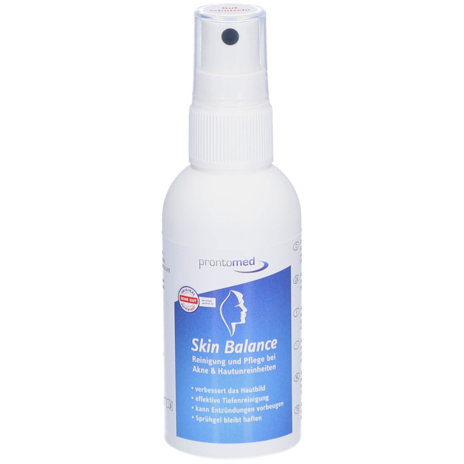 Flacon pulvérisateur blanc avec étiquette bleue. Inscription : Skin Balance, nettoyage et soin pour l'acné et les imperfections cutanées. Marque : prontomed.