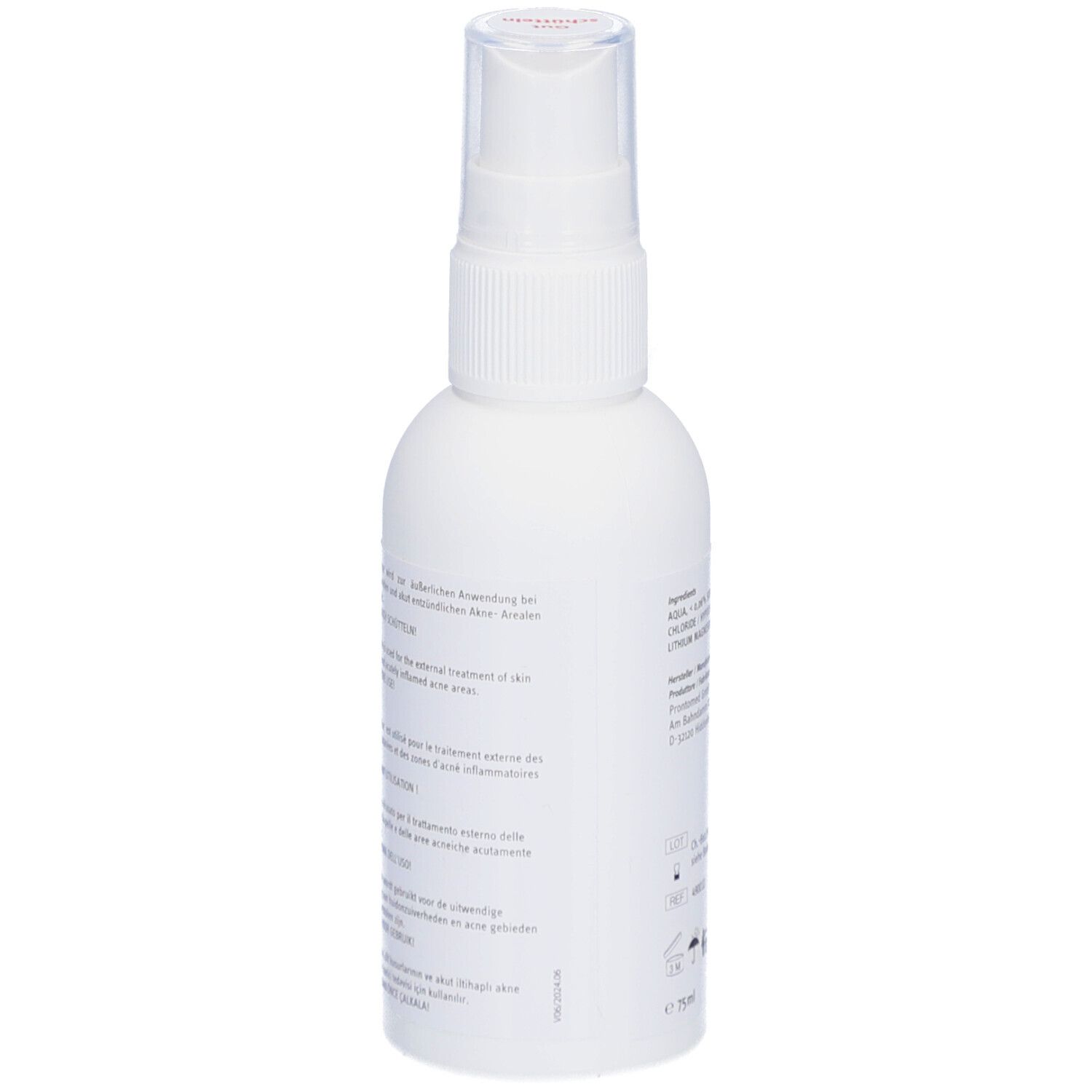 Dos d'un flacon pulvérisateur blanc. Texte en plusieurs langues. Contient des informations sur l'utilisation et les ingrédients. Volume : 75 ml.