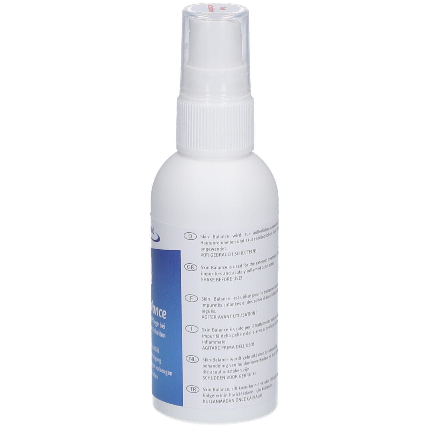 Flacon pulvérisateur blanc avec texte en plusieurs langues. Contient des instructions d'utilisation. Marque : prontomed. Volume : 75 ml.