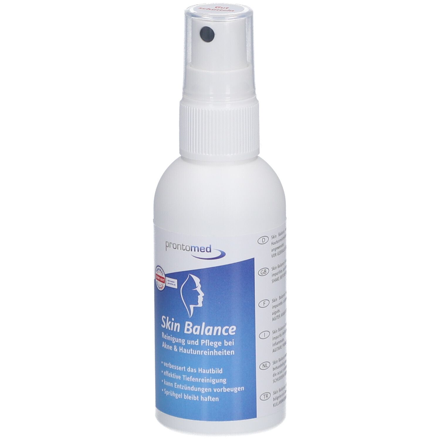 Flacon pulvérisateur blanc avec étiquette bleue. Inscription : Skin Balance, nettoyage et soin pour l'acné et les imperfections cutanées. Marque : prontomed.