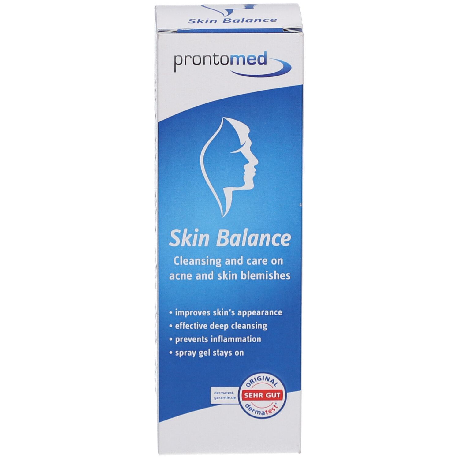 Emballage de produit blanc et bleu. Inscription : Skin Balance, nettoyage et soin pour l'acné et les imperfections cutanées. Marque : prontomed. Label : Très bien.