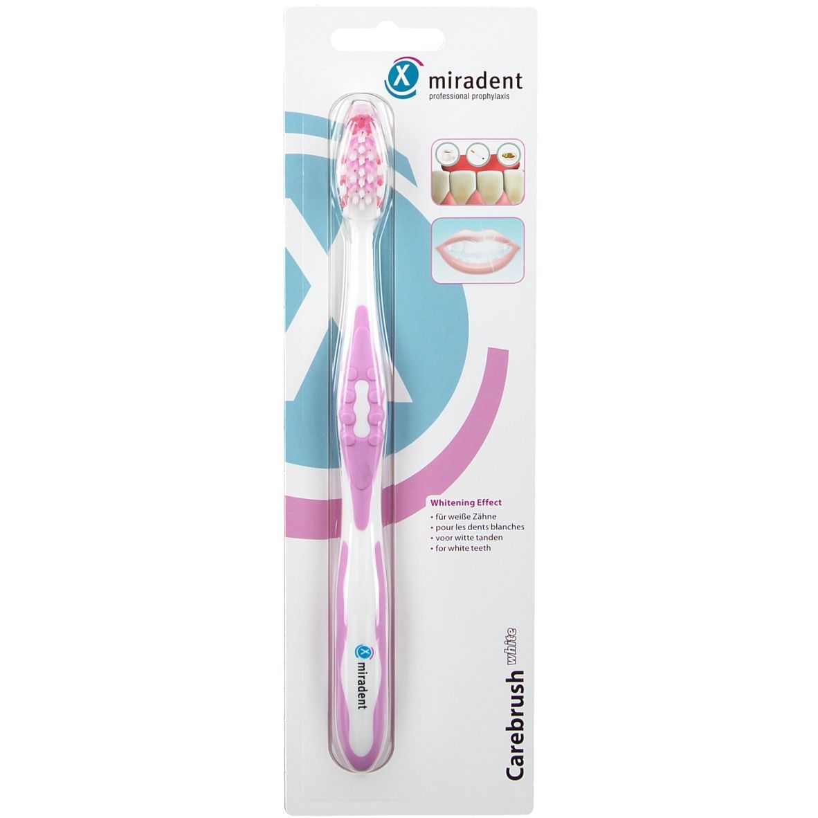 Brosse à dents miradent Carebrush blanche et rose, emballée. Soies roses, manche blanc et accents roses. Effet blanchissant.