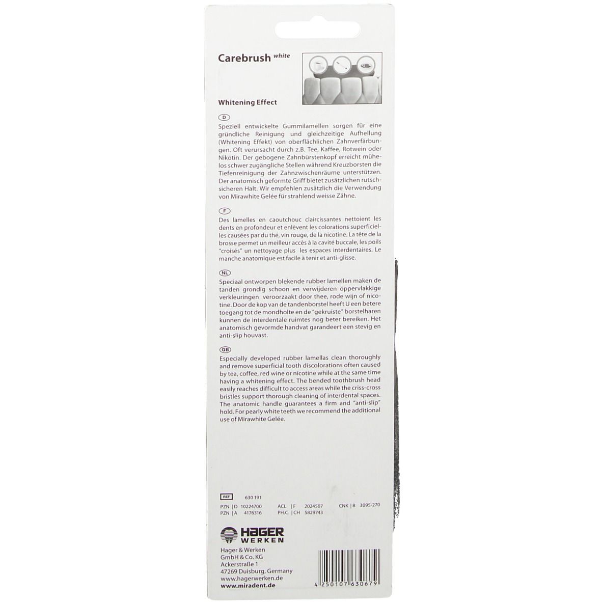 Dos de l'emballage de la brosse à dents miradent Carebrush. Texte en allemand, anglais, français et néerlandais. Informations fabricant.