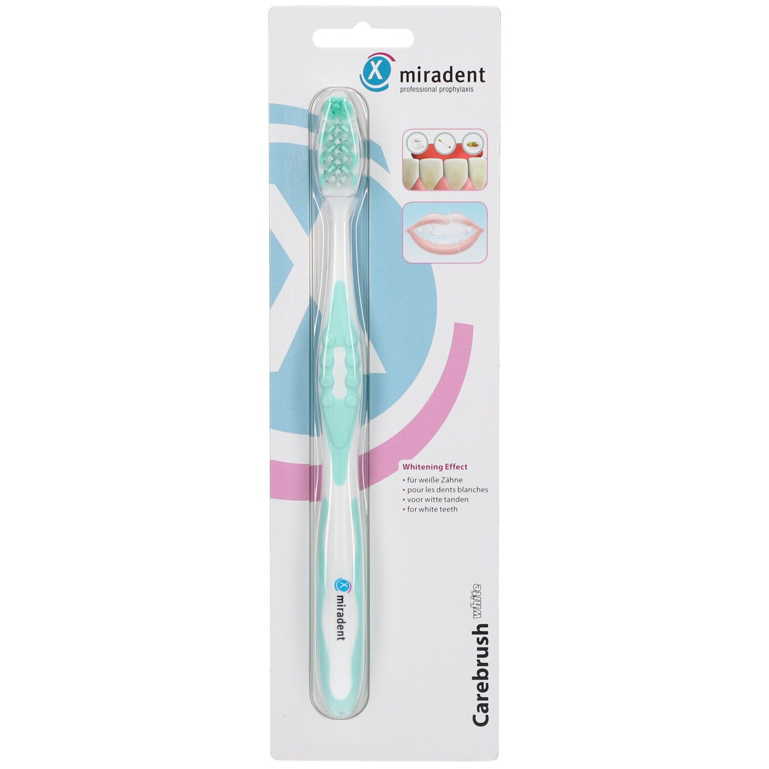 Brosse à dents blanche et verte dans son emballage. Marque miradent, inscription Carebrush.