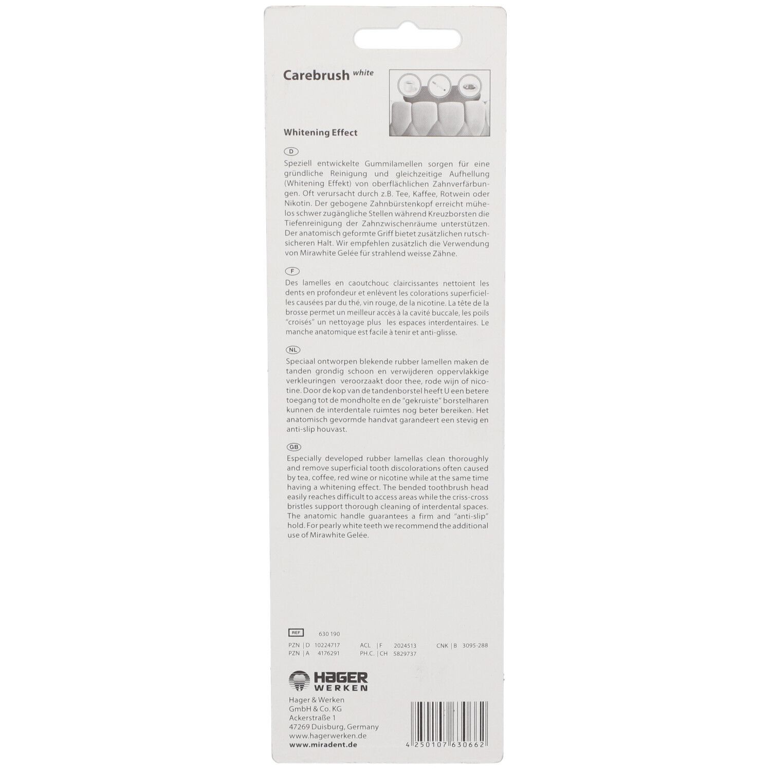 Dos de l'emballage avec informations produit et fabricant. Inscription Carebrush white.
