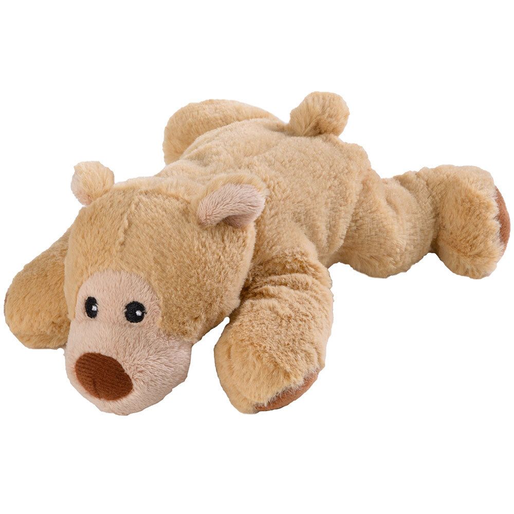 Ours en peluche beige. Position couchée. Nez et yeux bruns. Matière douce.