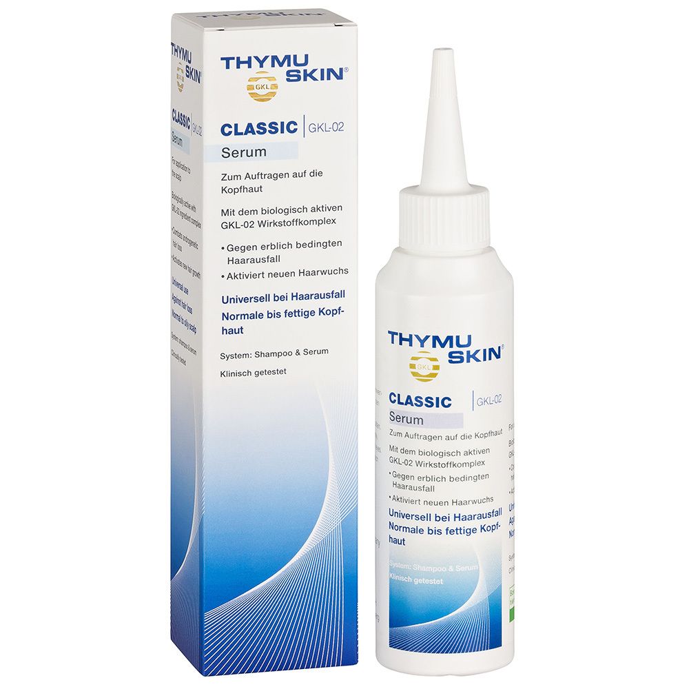 Sérum blanc avec pointe et boîte. Inscription: Thymuskin Classic Serum. Pour les cheveux.