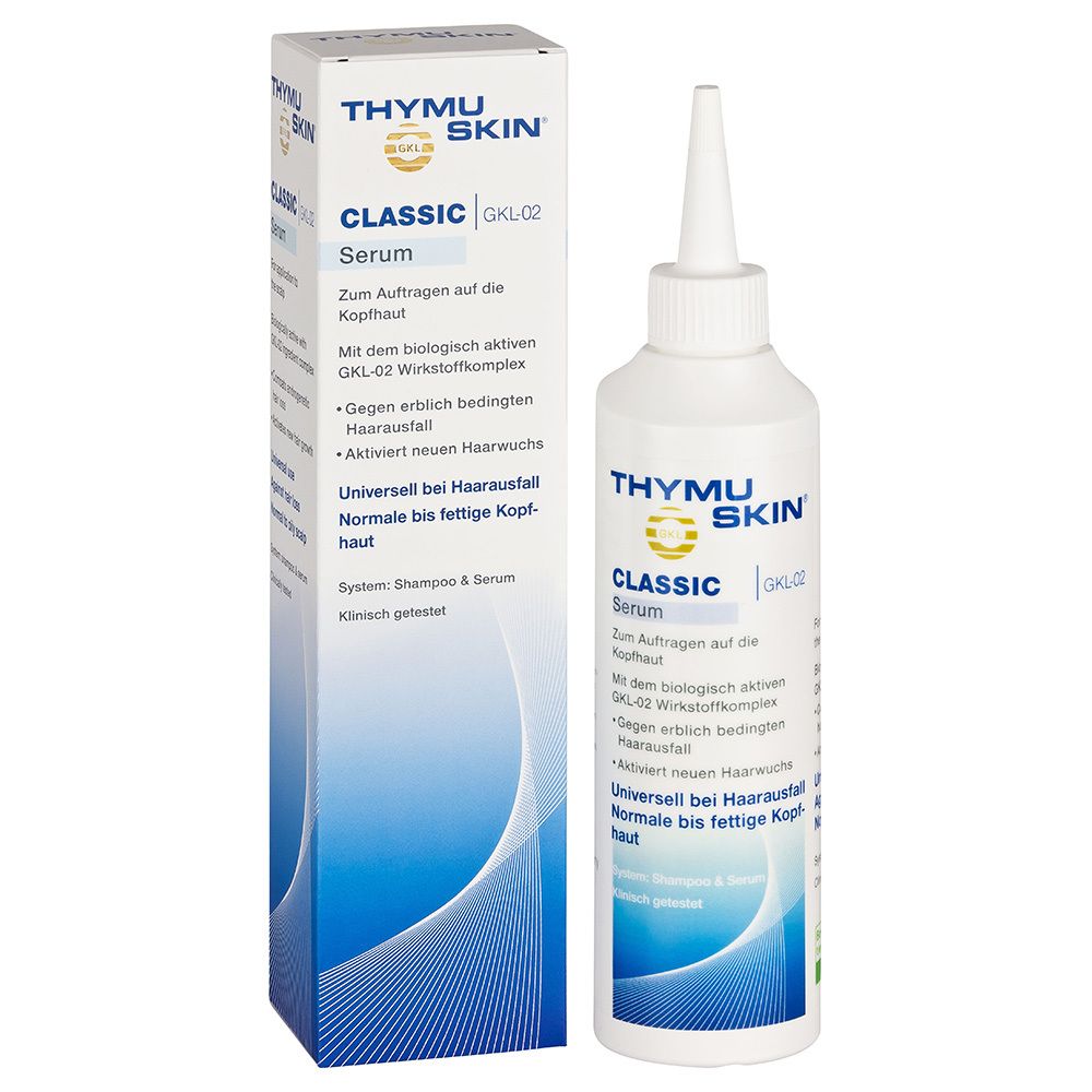 Sérum blanc avec pointe et boîte. Inscription : Thymuskin Classic Serum. Contre la chute des cheveux.