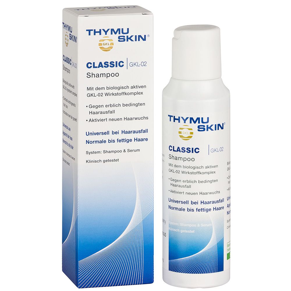 THYMUSKIN® CLASSIC Shampoo et emballage. Shampooing blanc avec graphique bleu. Texte: CLASSIC Shampoo, GKL-02.