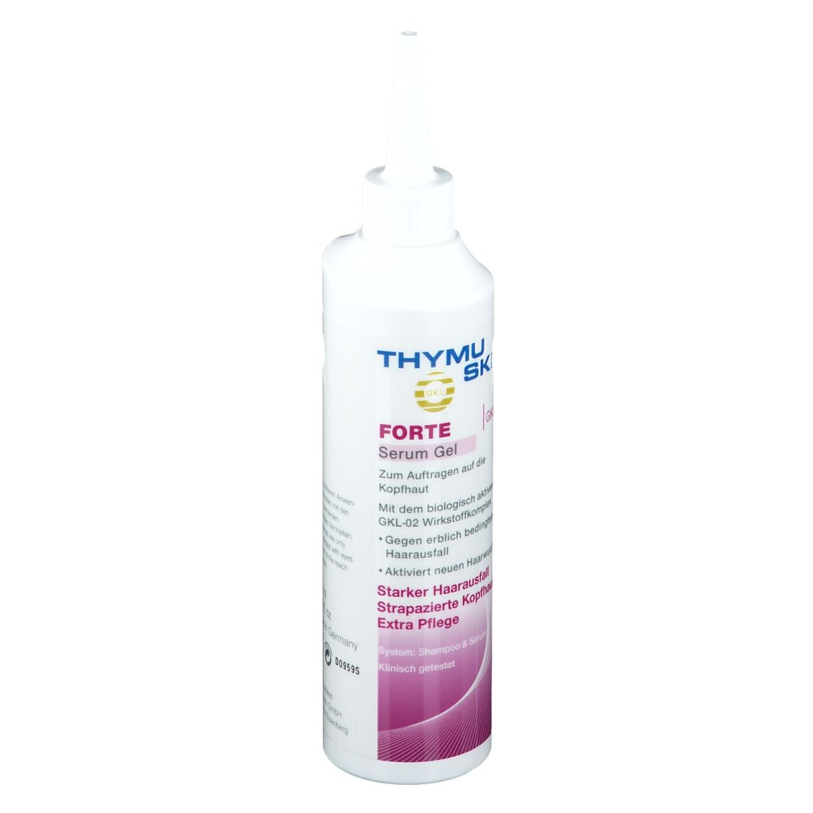 Flacon blanc de Thymuskin® FORTE Serum Gel avec embout doseur. Inscriptions et informations sur le produit visibles.