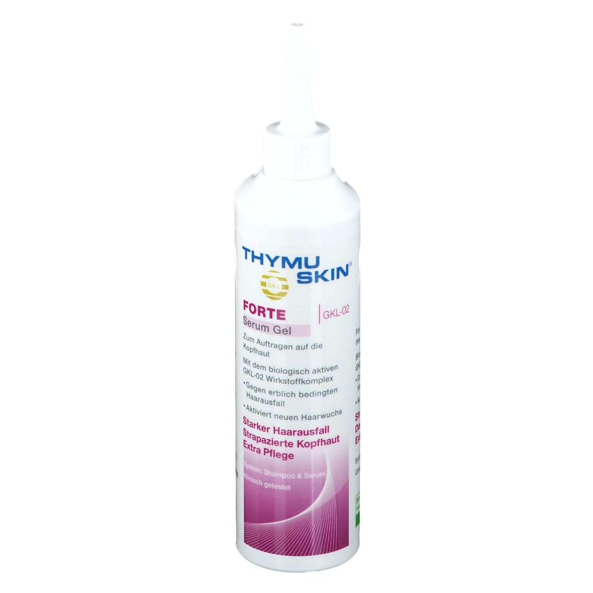 Flacon blanc de Thymuskin® FORTE Serum Gel avec embout doseur. Inscriptions et informations sur le produit visibles.