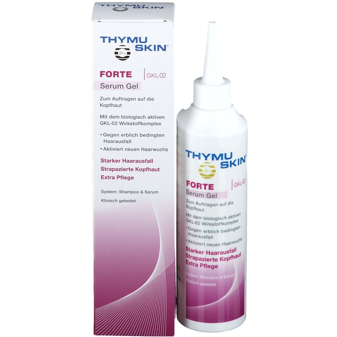 Flacon et emballage de Thymuskin® FORTE Serum Gel. Informations sur le produit et logo visibles.
