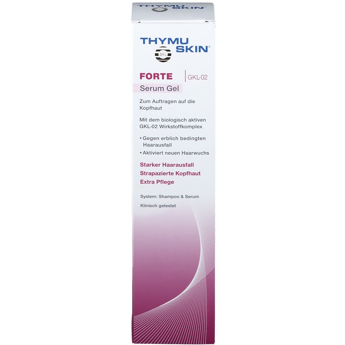 Emballage de Thymuskin® FORTE Serum Gel. Informations sur le produit et logo visibles.