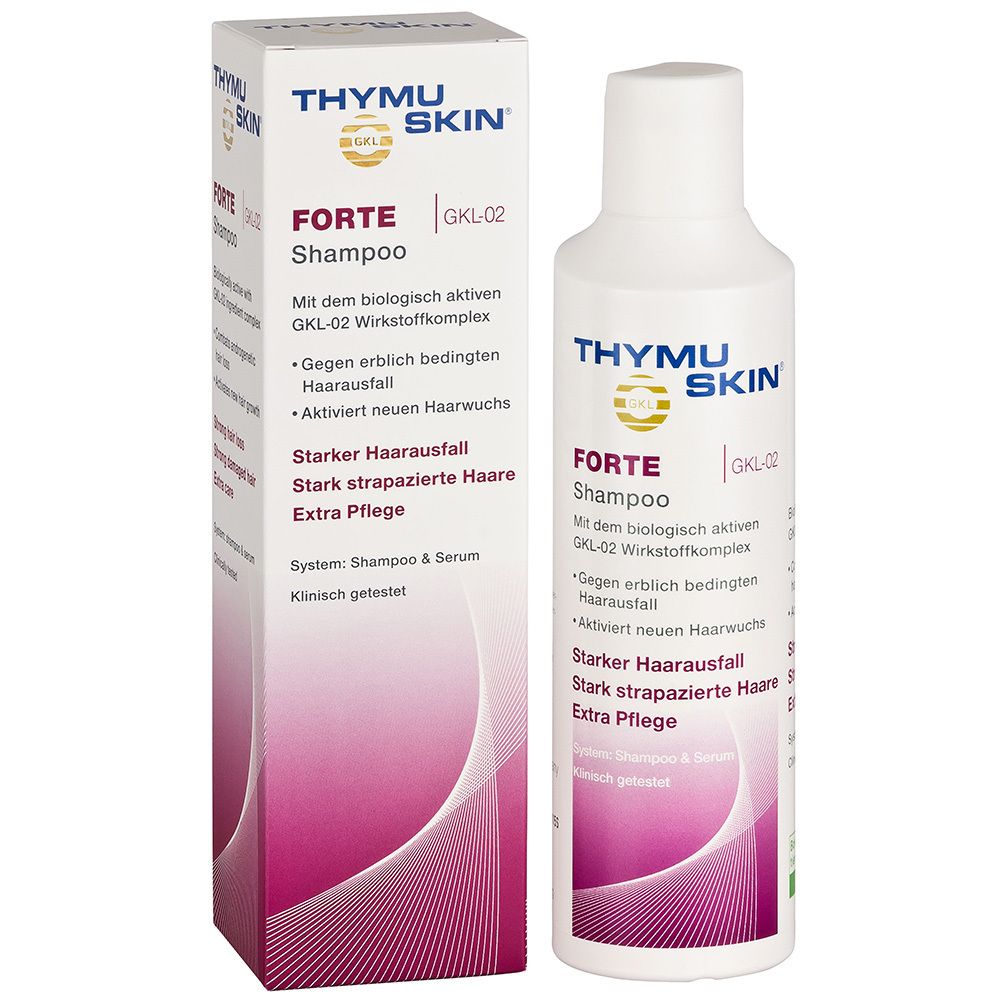 Flacon et emballage de Thymuskin® FORTE Shampoo. Blanc, avec des accents violets. Texte : FORTE Shampoo, GKL-02.