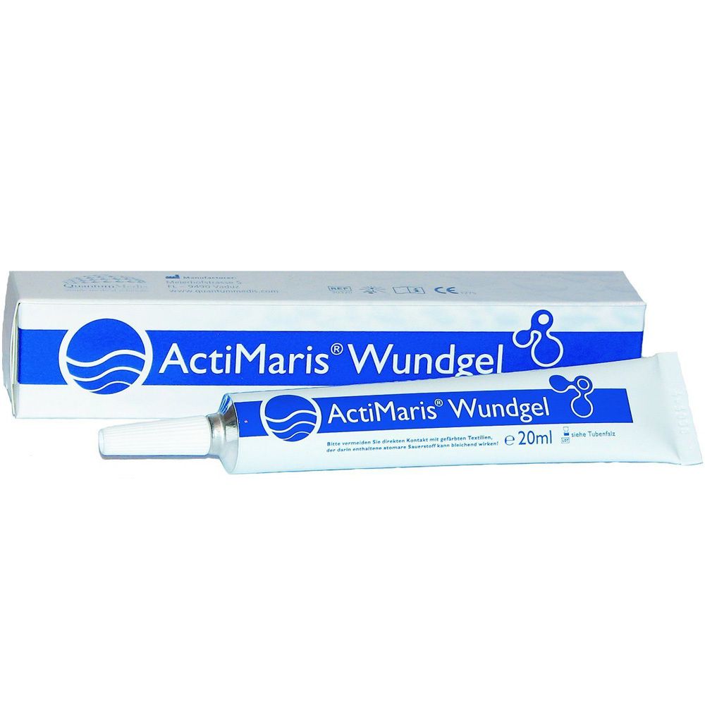 Tube et boîte ActiMaris® Wundgel. Tube avec embout, boîte avec logo et nom du produit. Inscription : e20ml.