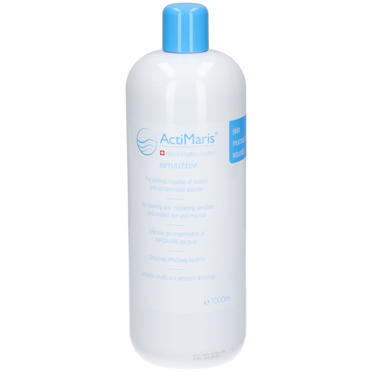 ActiMaris sensitiv. Bouteille blanche avec bouchon bleu. Texte en allemand et anglais. 1000ml.
