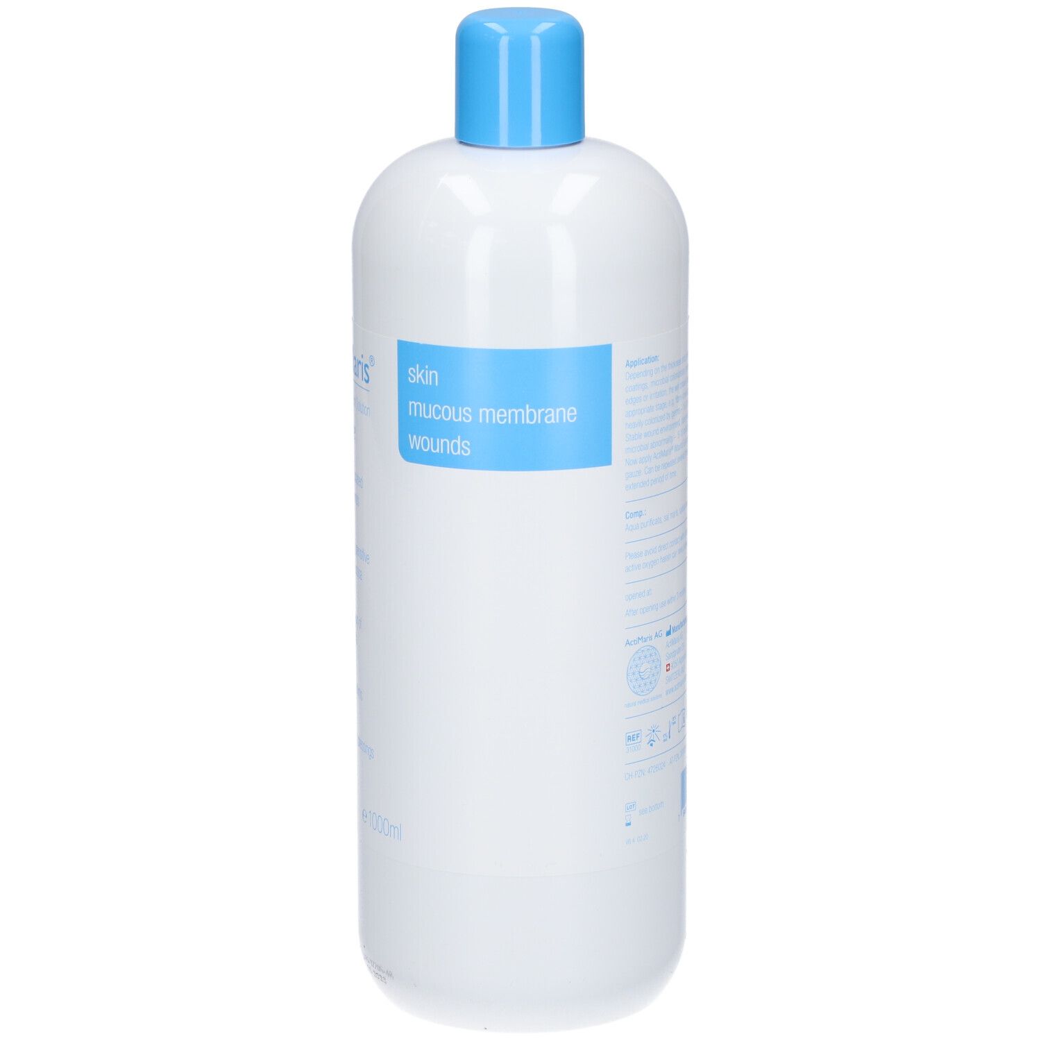 ActiMaris sensitiv. Bouteille blanche avec bouchon bleu. Texte en allemand et anglais. 1000ml.