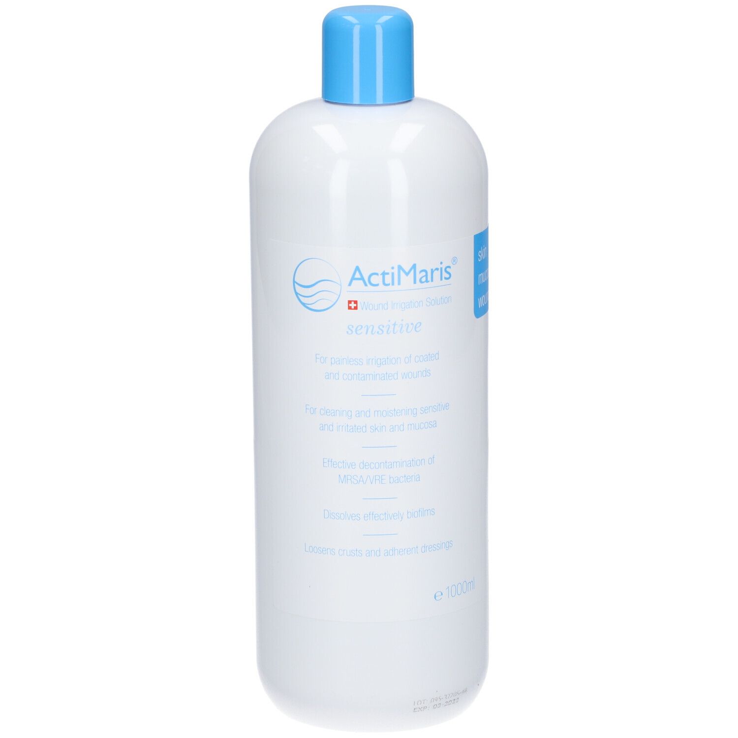 ActiMaris sensitiv. Bouteille blanche avec bouchon bleu. Texte en allemand et anglais. 1000ml.