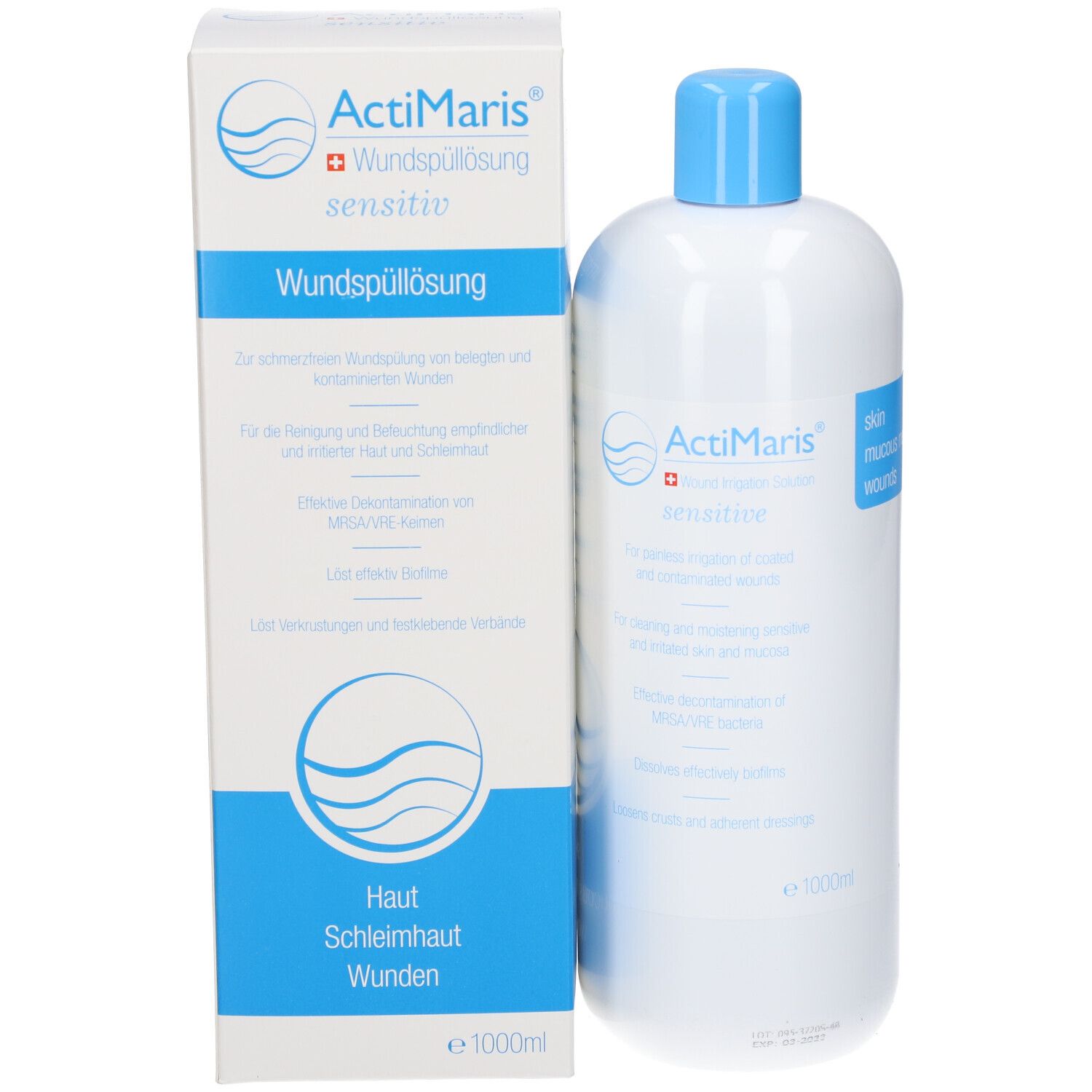 ActiMaris Wundspüllösung sensitiv. Bouteille et carton blancs. Écriture et logo bleus. Texte en allemand.