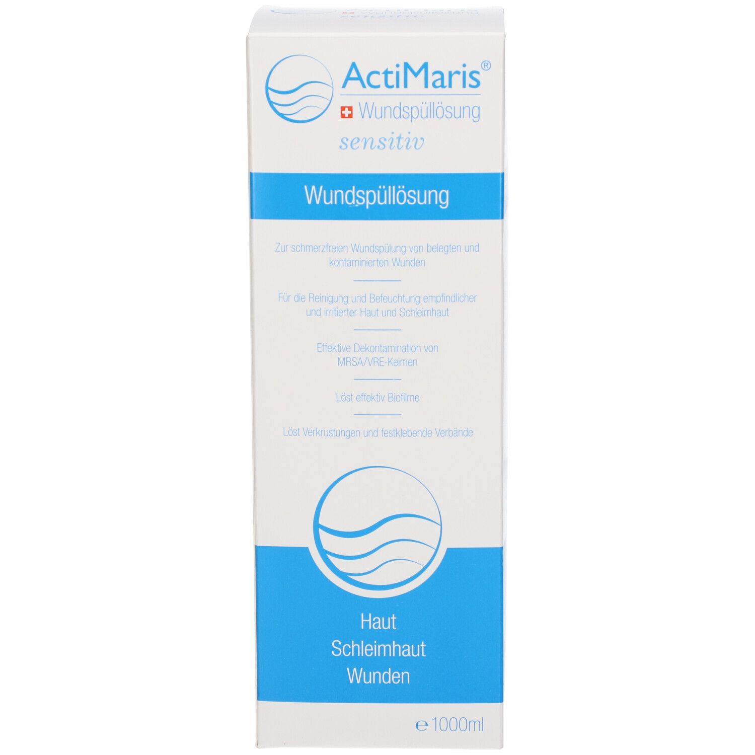 ActiMaris Wundspüllösung sensitiv. Carton. Écriture et logo bleus. Texte en allemand. 1000ml.