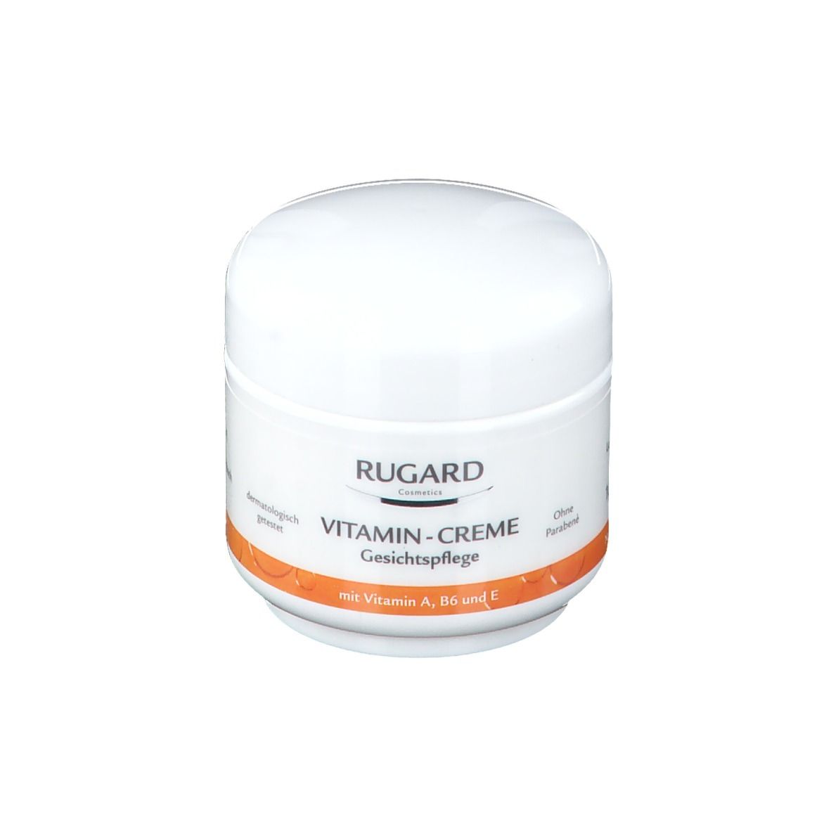 Pot de crème blanc avec couvercle. Bande orange avec texte: Vitamin-Creme Gesichtspflege. Marque: RUGARD.