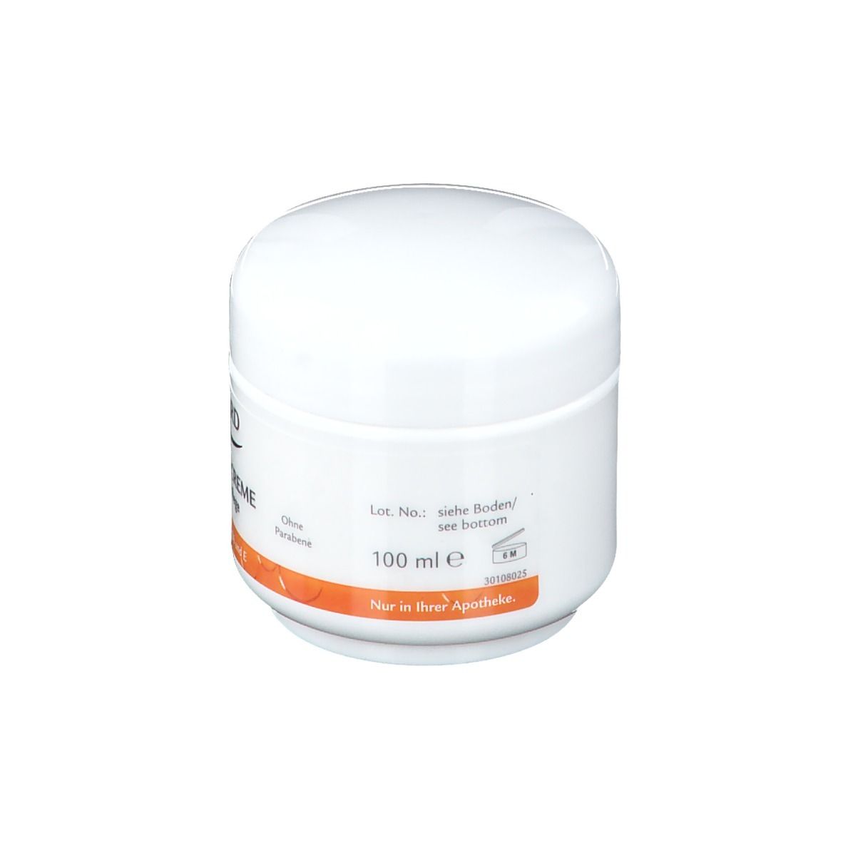 Pot de crème blanc. Inscription: 100 ml e. Texte: Vitamin-Creme Gesichtspflege. Marque: RUGARD. Bande orange.