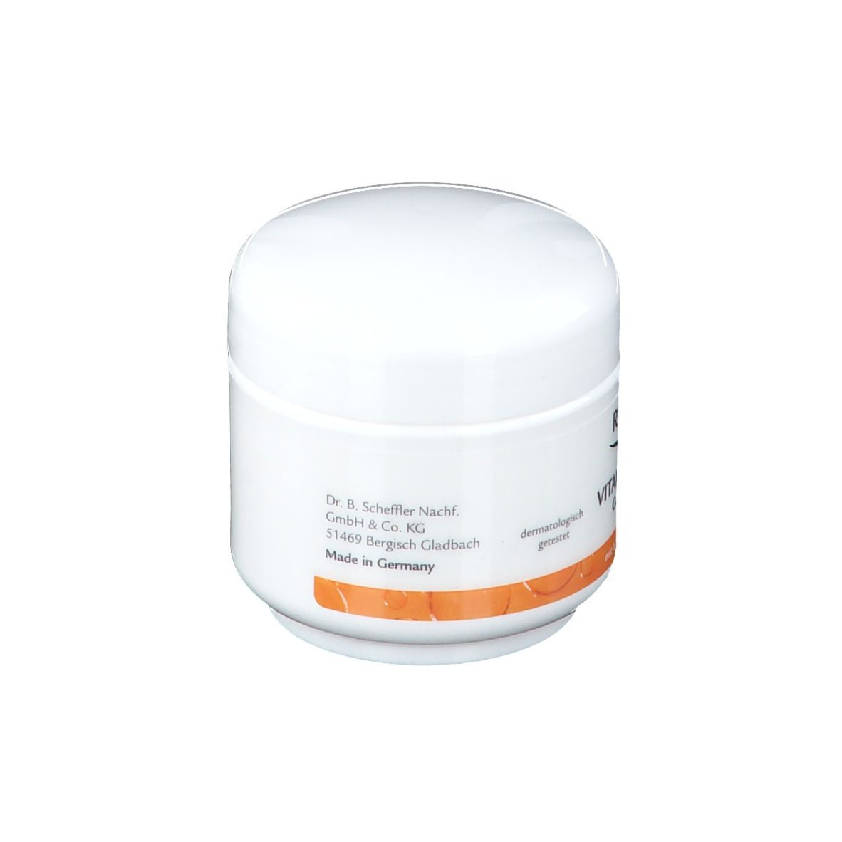 Pot de crème blanc avec couvercle. Bande orange. Texte: Vitamin-Creme Gesichtspflege. Marque: RUGARD. Made in Germany.