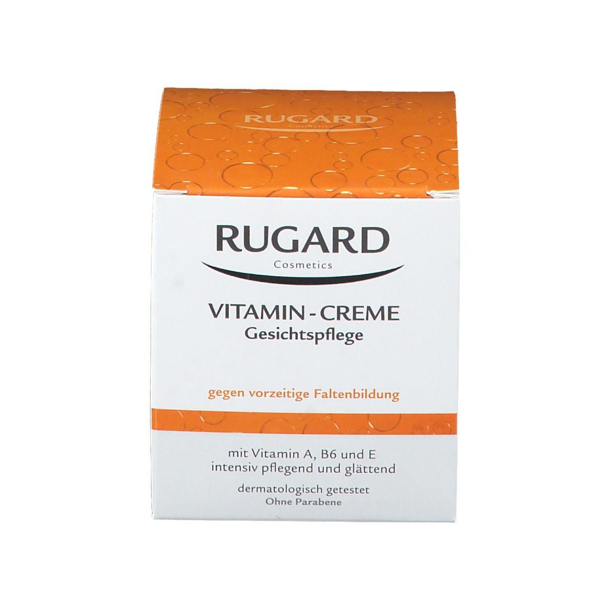Carton. Orange avec texte: Vitamin-Creme Gesichtspflege. Marque: RUGARD. Contre les rides prématurées. Sans parabènes.