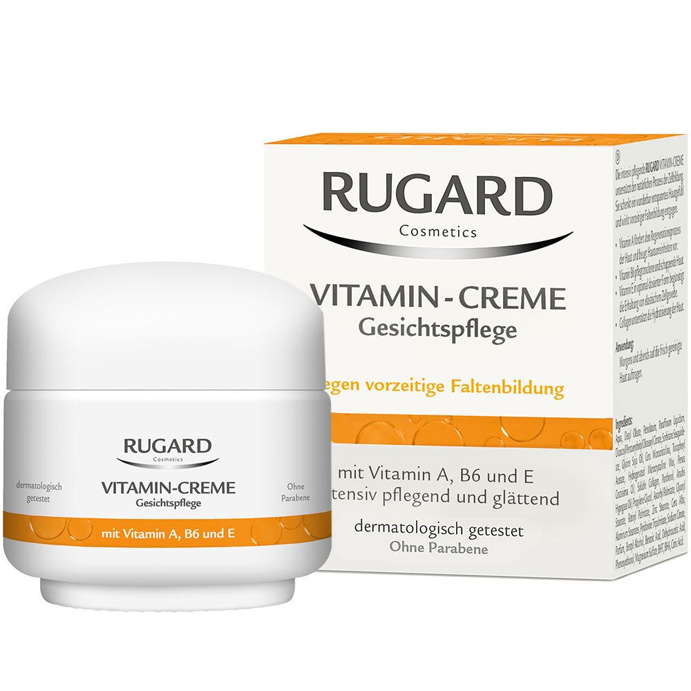 Pot blanc de crème pour le visage RUGARD Vitamin-Creme et boîte. Inscription : Vitamin-Creme, avec vitamine A, B6 et E. Testé dermatologiquement.