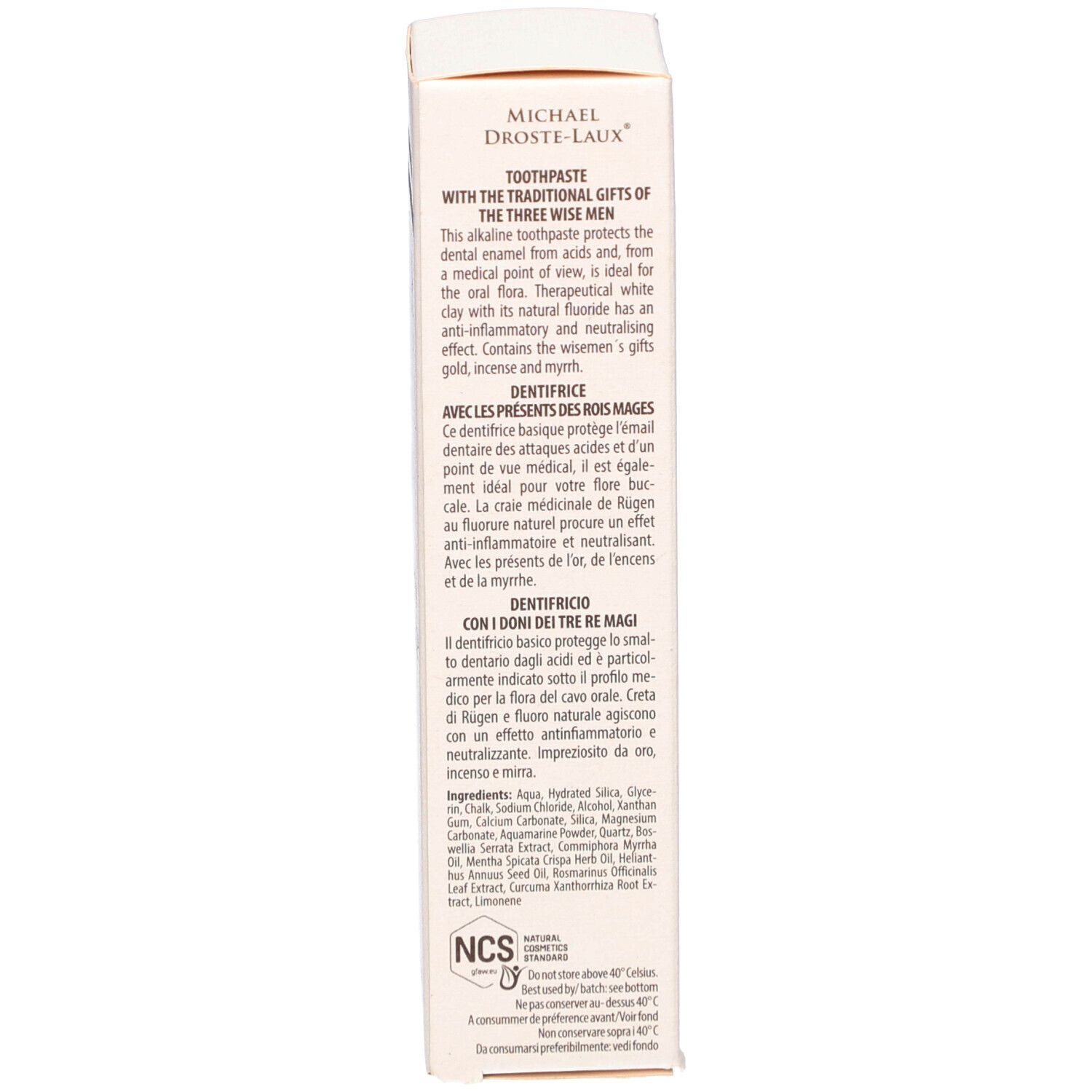 Dos de la boîte de dentifrice. Texte: Dentifrice avec les dons des Rois Mages. Ingrédients, informations fabricant, certifications.