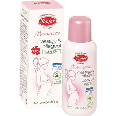 Bouteille et boîte de Töpfer Mamacare Massage- und Pflegeöl. Avec silhouette de femme enceinte et label COSMOS ORGANIC.