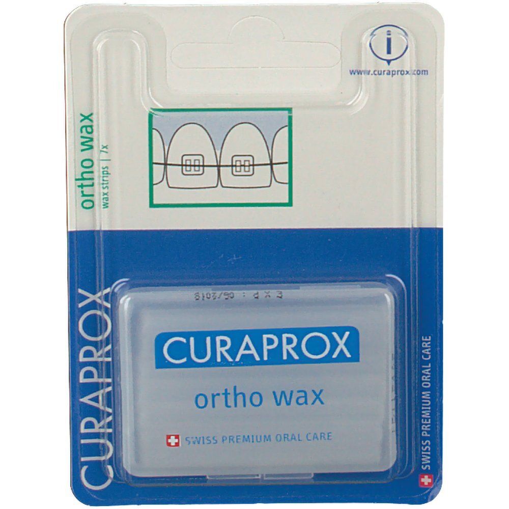 Emballage blister Curaprox ortho wax. Contient des bandes de cire pour appareils orthodontiques. Emballage bleu et blanc avec logo.