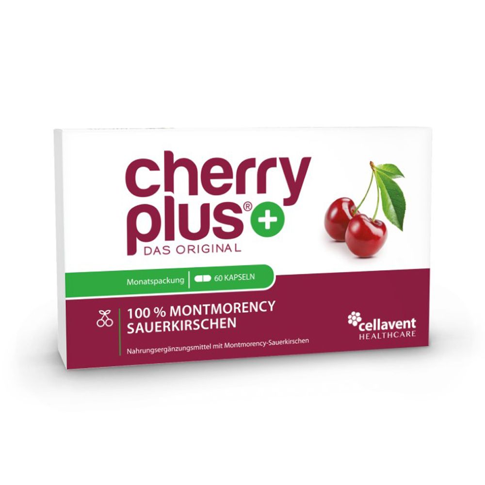Boîte blanche avec texte « cherry plus », image de cerises et 60 gélules. Complément alimentaire.