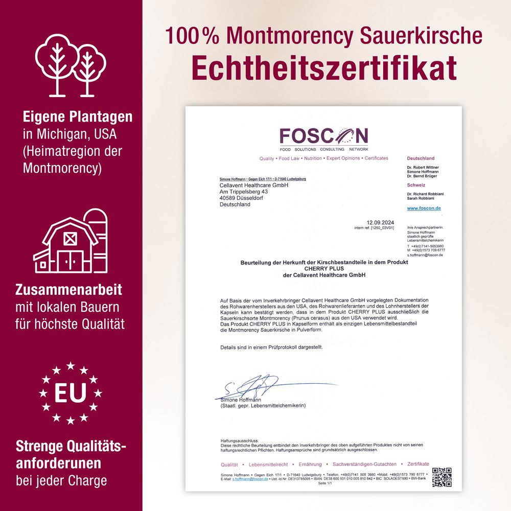 Certificat d'authenticité pour cherry plus. Texte: Plantations propres dans le Michigan, USA. Collaboration avec agriculteurs locaux.