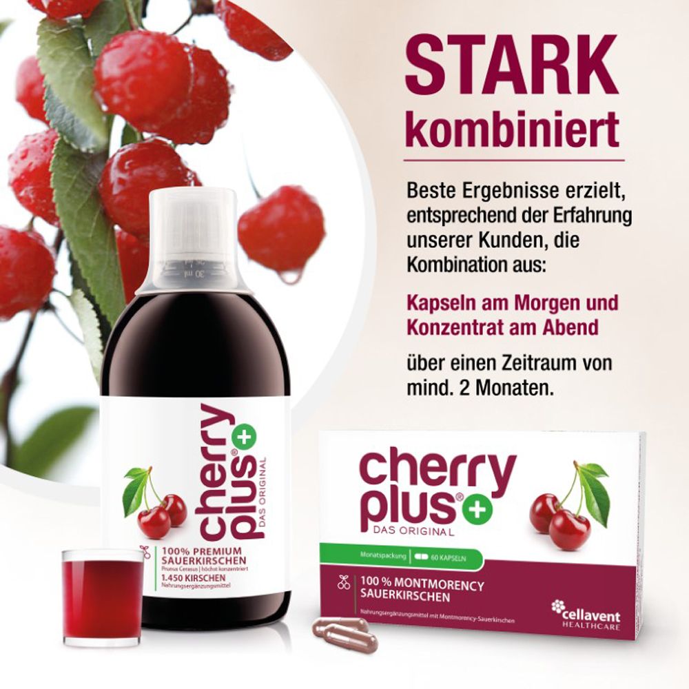 Produits cherry plus: gélules et liquide. Texte: Fortement combiné. Gélules le matin et concentré le soir.