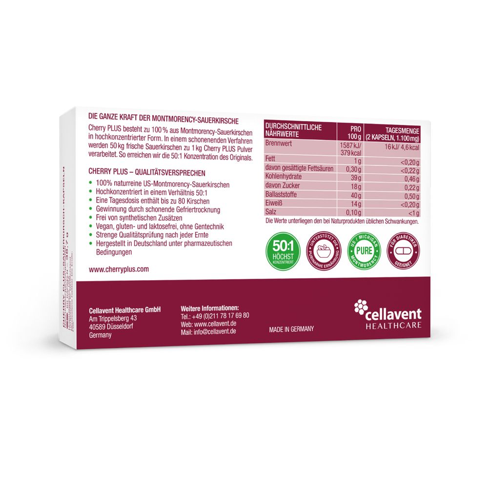 Dos de l'emballage cherry plus. Texte: Valeurs nutritionnelles moyennes. 100% cerises Montmorency US naturelles.