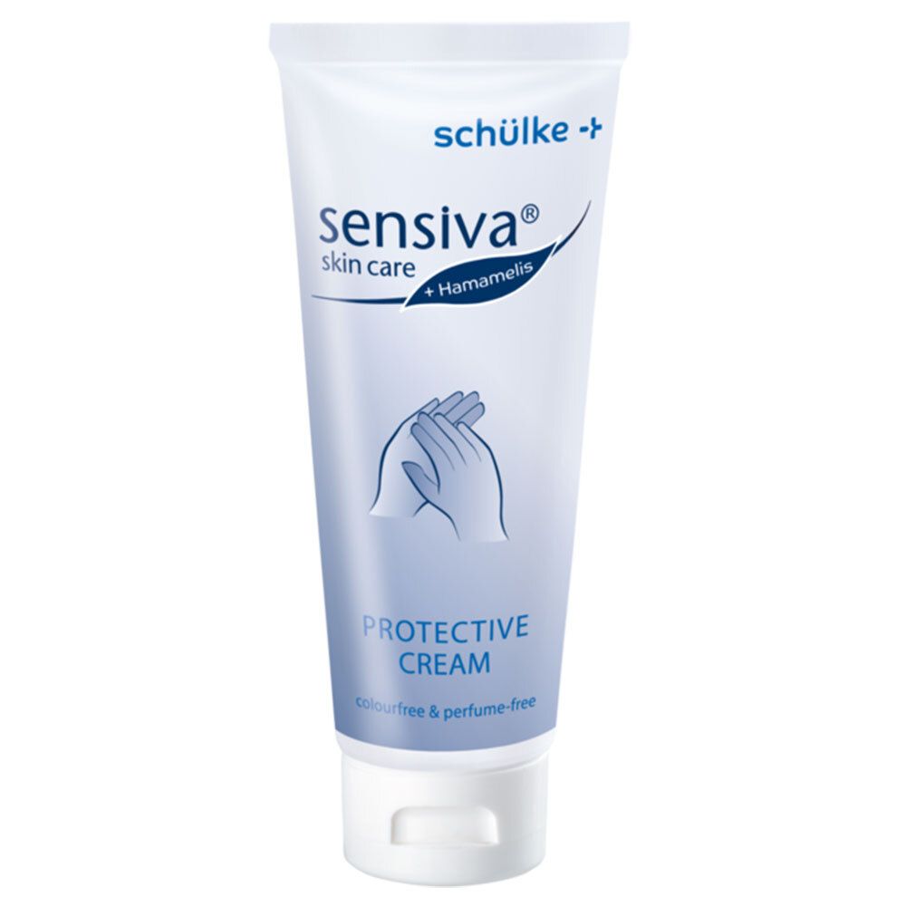 Tube de crème sensiva®. Inscription Protective Cream, sans parfum ni colorant. Illustration de mains.