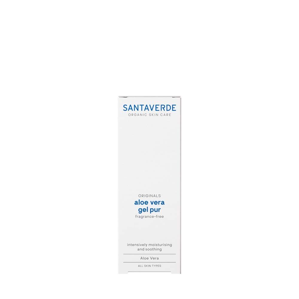 Emballage blanc avec impression bleue. SANTAVERDE, aloe vera gel pur sans parfum. Inscription: hydratant et apaisant.