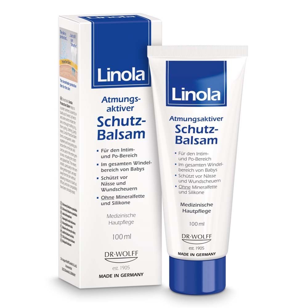Linola Baume protecteur et emballage. Tube et boîte avec informations sur le produit. Soin médical de la peau.