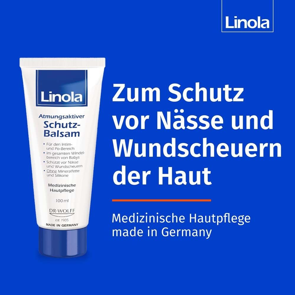 Tube de Linola Baume protecteur sur fond bleu. Texte : Protection contre l'humidité et les frottements. Soin médical de la peau.
