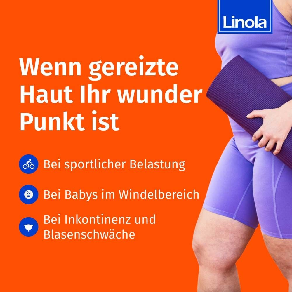 Femme avec tapis de yoga. Texte : Si la peau irritée est votre point sensible. Effort sportif, bébés, incontinence.