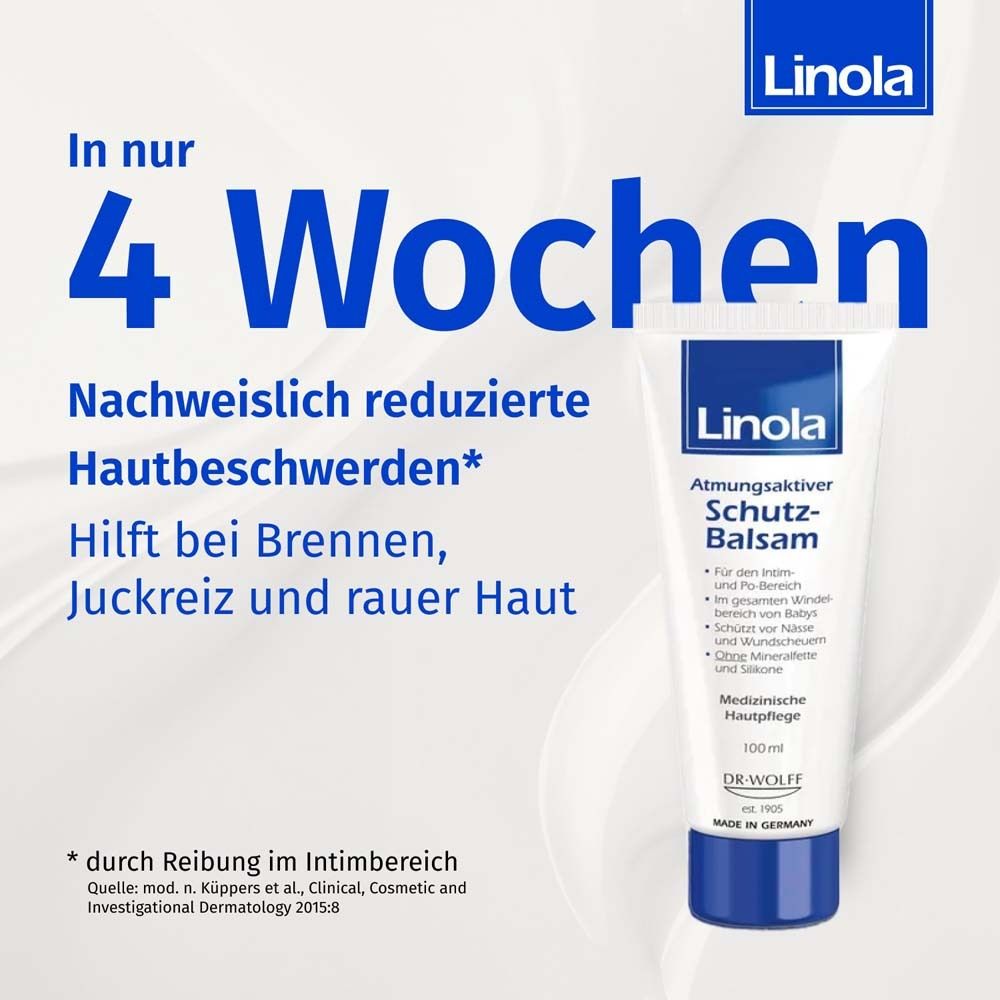 Tube de Linola Baume protecteur. Texte : En seulement 4 semaines, réduction prouvée des problèmes de peau. Aide à brûler, démanger.