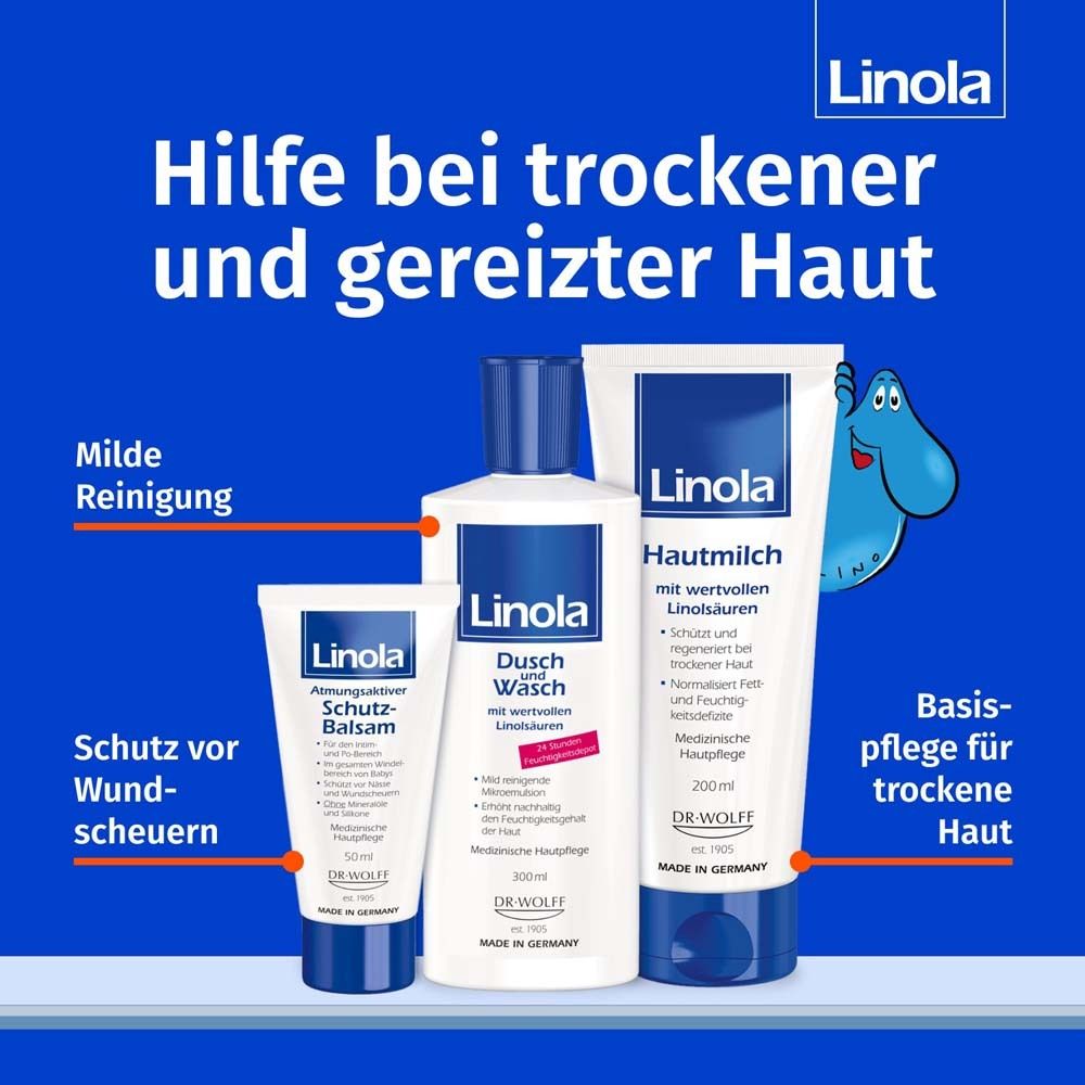 Trois produits : Linola Baume protecteur, gel douche, lait corporel. Aide pour peau sèche et irritée. Nettoyage doux.
