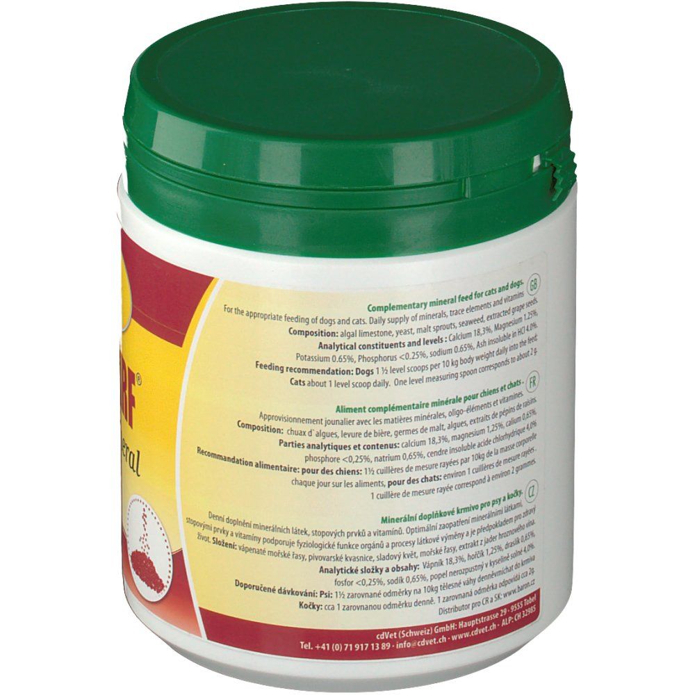 Produit rond blanc avec couvercle vert. Dos avec texte en plusieurs langues. Inscription : cdVet. Étiquette avec informations.