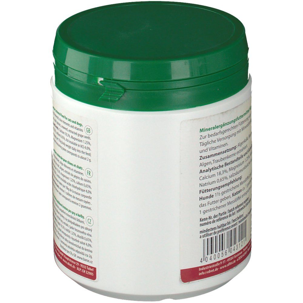 Produit rond blanc avec couvercle vert. Dos avec texte en plusieurs langues. Inscription : cdVet. Étiquette avec informations.